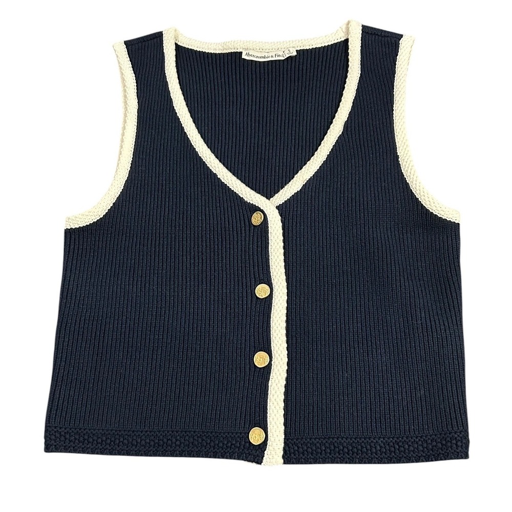 Abercrombie & Fitch Navy Blue Ribbed Knit Button Front Sweater Vest Gold Buttons